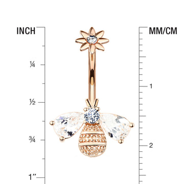Detail View 1 of Rose Gold Flower Sparkle Honey Bee Internally Threaded Belly Button Ring-Clear Gem